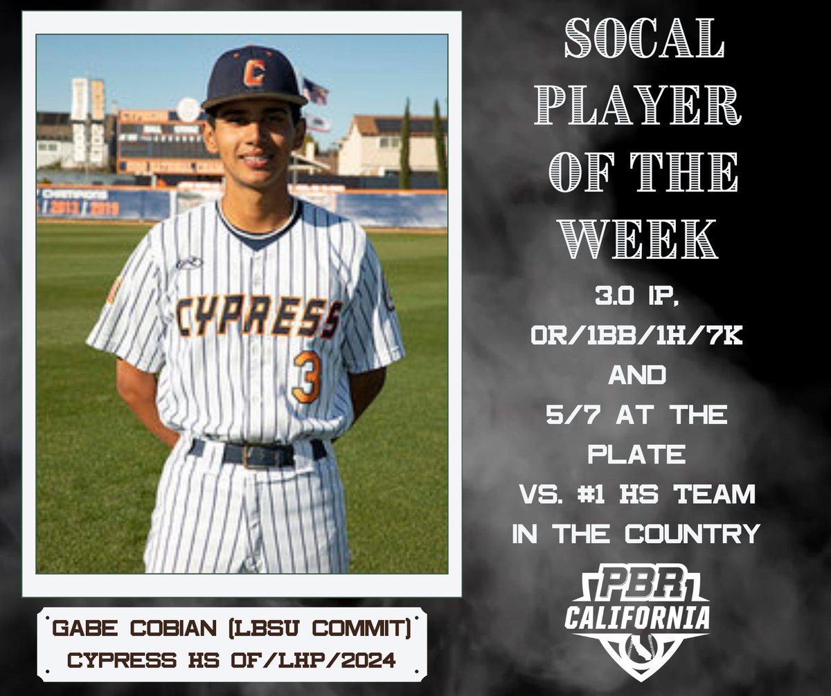 Congratulations to our Week 2 SoCal Player of the Week, 2024 OF/LHP Gabe Cobian of Cypress HS. The #LBSU signee had an exceptional two-way performance in the Centurions 2-game series against JSerra. 🔗: loom.ly/hdZJgfs @cobian13bc @CypCentBaseball