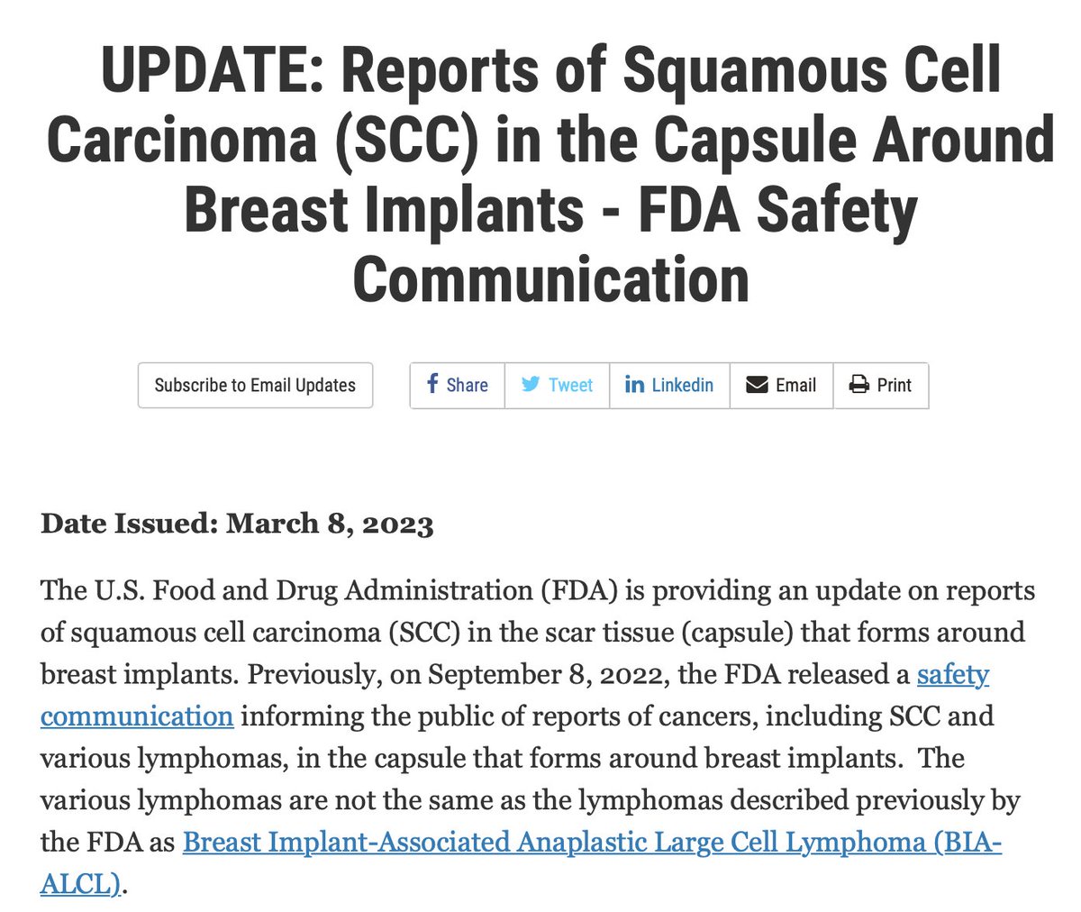 Today, @US_FDA #breastimplant #safetyadvisory on #squamouscell carcinoma (SCC) around breast implants. Encourages reporting to FDA and the 
@ASPS_News
 #PROFILE Registry. #oncsurgery #endcancer

FDA Update: fda.gov/medical-device…

@MDAndersonNews review: authors.elsevier.com/a/1gdavLPnEccW6