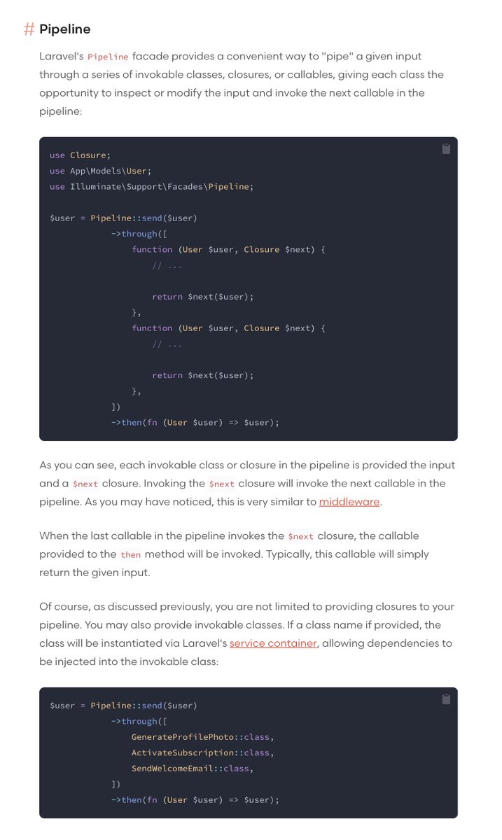 taylorotwell's tweet image. Wrote docs for the new "Pipeline" facade. We've used the Pipeline internally in Laravel for years, but more end users have recently discovered its usefulness. So, had to document it. 📚
laravel.com/docs/10.x/help…