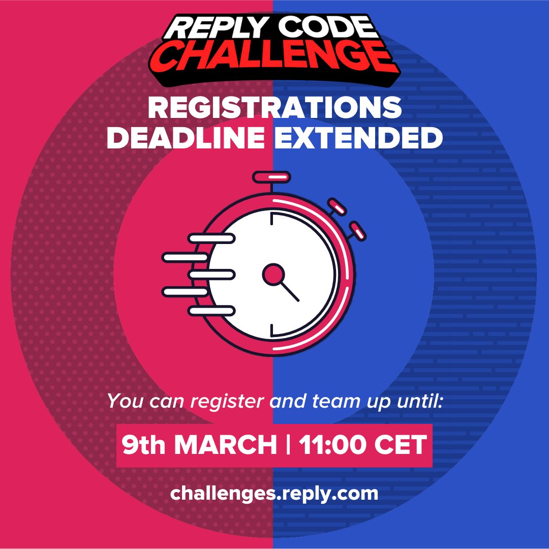 ReplyChallenges's tweet photo. 🔴 You have now time until tomorrow 9th March at 11:00 AM CET (Central European Time) to register and form your team!

You don't have a team yet?
Join our dedicated Discord Server to find teammates!
👉 https://t.co/j7r4dNglab

#ReplyChallenges #ReplyCodeChallenge https://t.co/tiiN6IornI