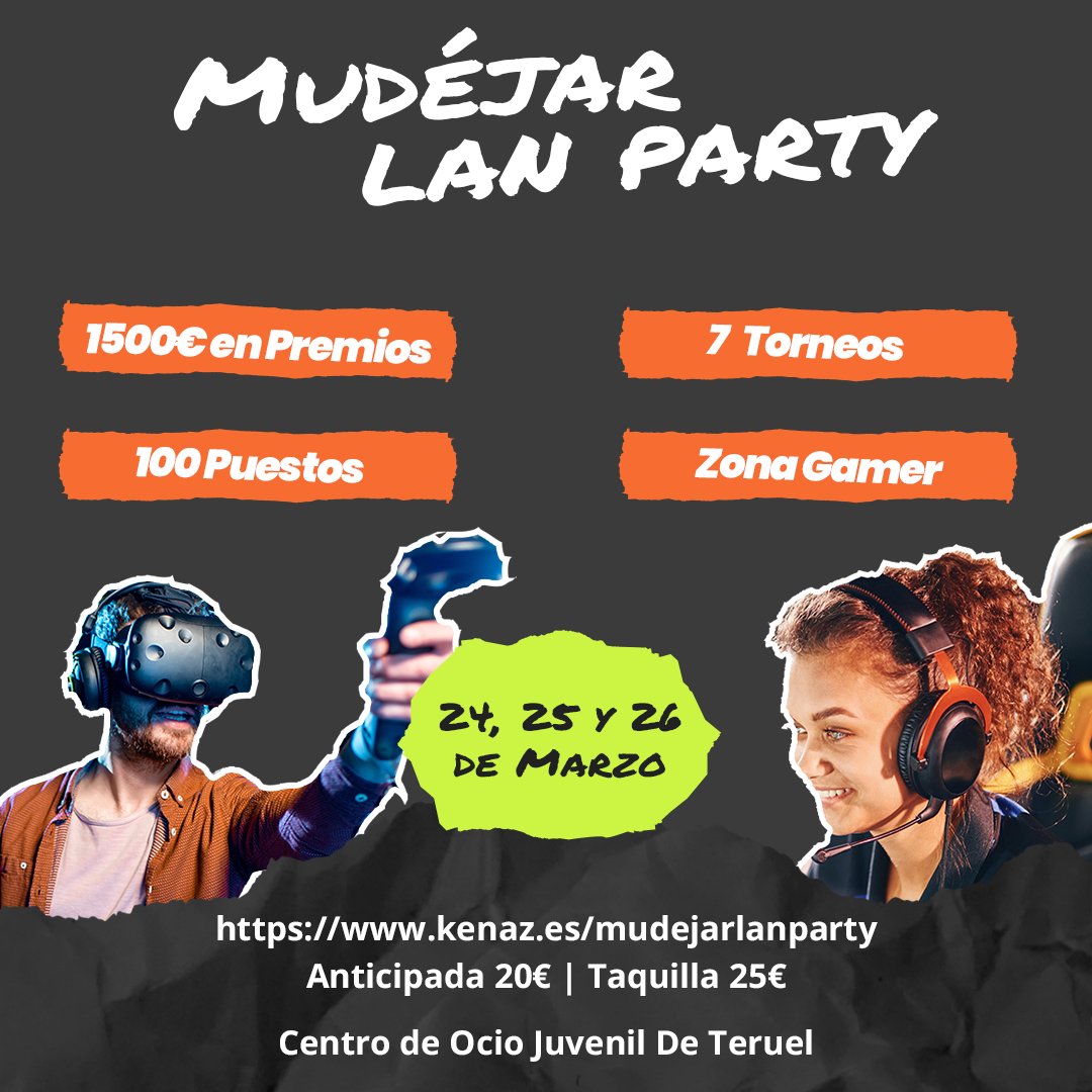 🎟️¡No te quedes sin entrada de Mudéjar LAN PARTY!

📆24-26/03/2023
🎁1500€ en premios
🏆7 Torneos
🪑100 puestos LAN
🕹️Zona Gamer Gratuita

🔗kenaz.es/mudejarlanpart…

Organiza <a href="/Ayto_Teruel/">Ayuntamiento de Teruel</a> y <a href="/KenazESports/">KenazESports</a> 

#teruel #gamer #aragon #lanparty