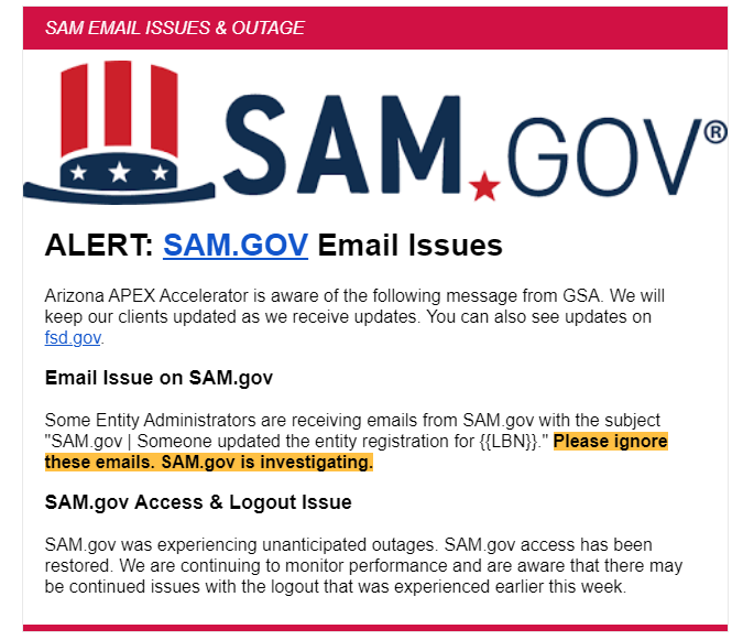 We are aware that there is a report of an email issue on SAM.gov. Please see the alert below.
conta.cc/3L6Nvko
