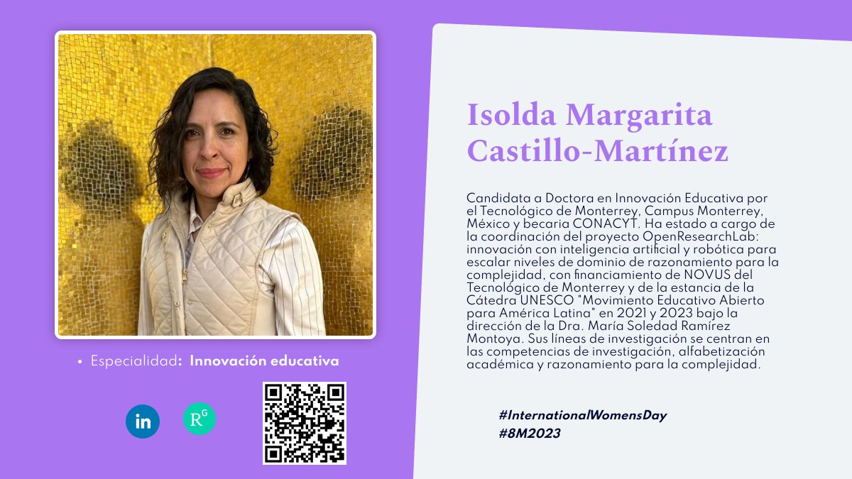 PhDchatting's tweet photo. Hoy, en conmemoración del #DíaInternacionalDeLaMujer, #PhDchatting se enorgullece en compartir los perfiles de 8 mujeres científicas destacadas en México #WomenInScience #InternationalWomensDay #8M2023 #IsoldaMargaritaCastilloMartínez 1/8 https://t.co/8abncSCHJo