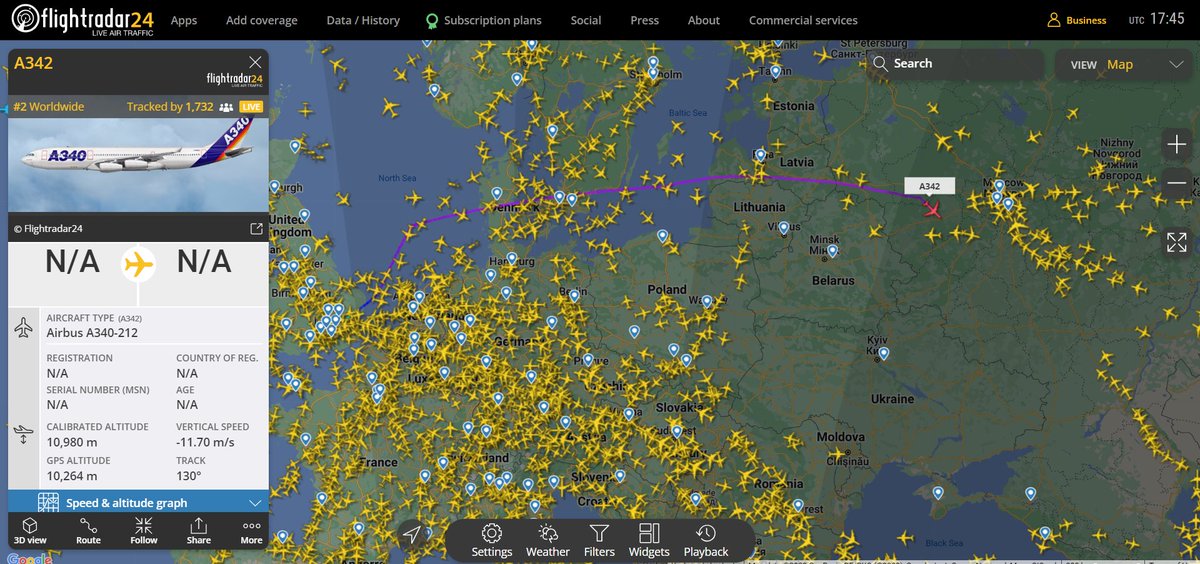 johnspectator's tweet photo. interesting flight, LONDON - Moscow ?
A342, Airbus A340-212
https://t.co/8YDasDhDVM
#moscow #russia #RussiaUkraineWar️ #flightradar24 #a342 https://t.co/gdSbjtvtkA