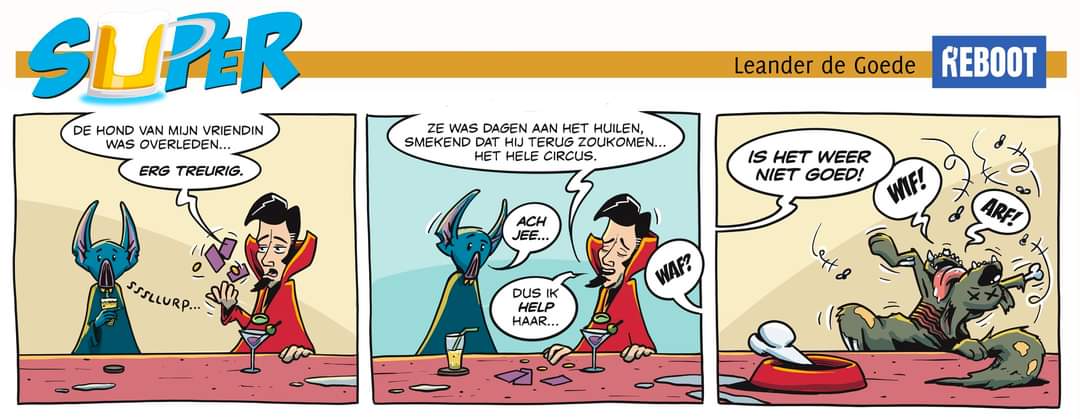 LeanderdeG's tweet photo. Wie is toch die vreemde nieuwe figuur in de #SUPER kroeg? Lees meer bij @RebootComicsNL #strips #vleerman #hond #DoctorStrange #internationalevrouwendag #humor #lachen #webcomic https://t.co/6BMMP26IhC