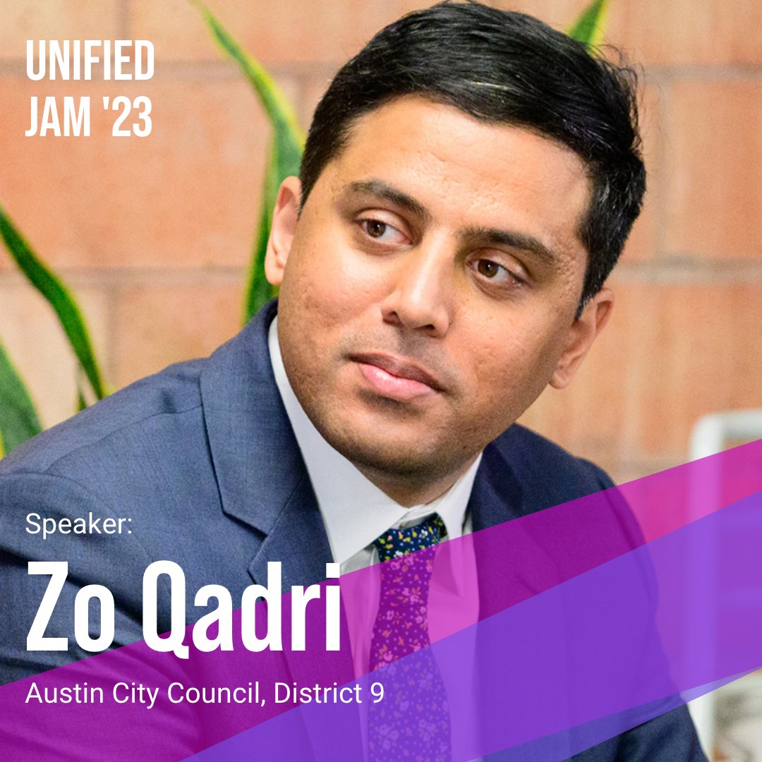 📢 SPEAKER ANNOUNCEMENT! #JointheJam with Zo Qadri!
🎟Tickets for #UnifiedJam2023 at unifiedjam.com

@ZoForAustin was elected to represent District 9 in 2022. Zo is eager to tackle Austin’s housing crisis and to protect and uplift our most vulnerable citizens.