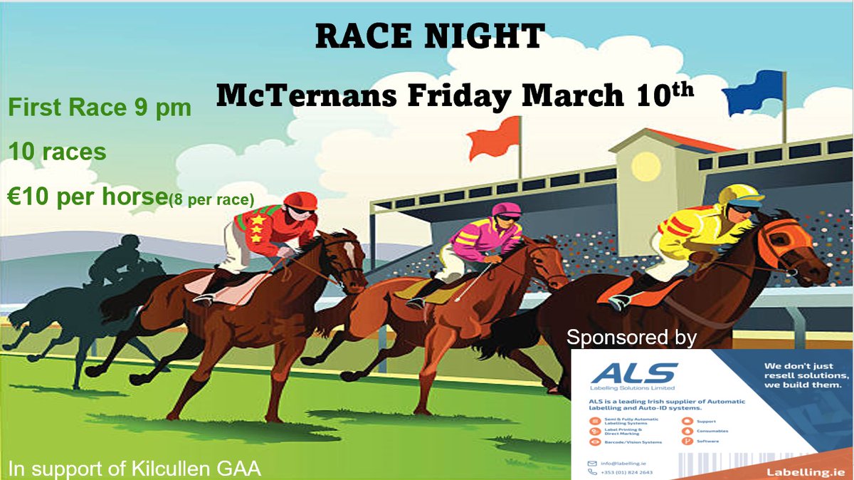 KilcullenGAA's tweet photo. Join us in McTernans this Friday night March 10th for some racing. All in support of the future development of our club. First race is at 9pm. All are welcome. https://t.co/VPFXuvy3H0