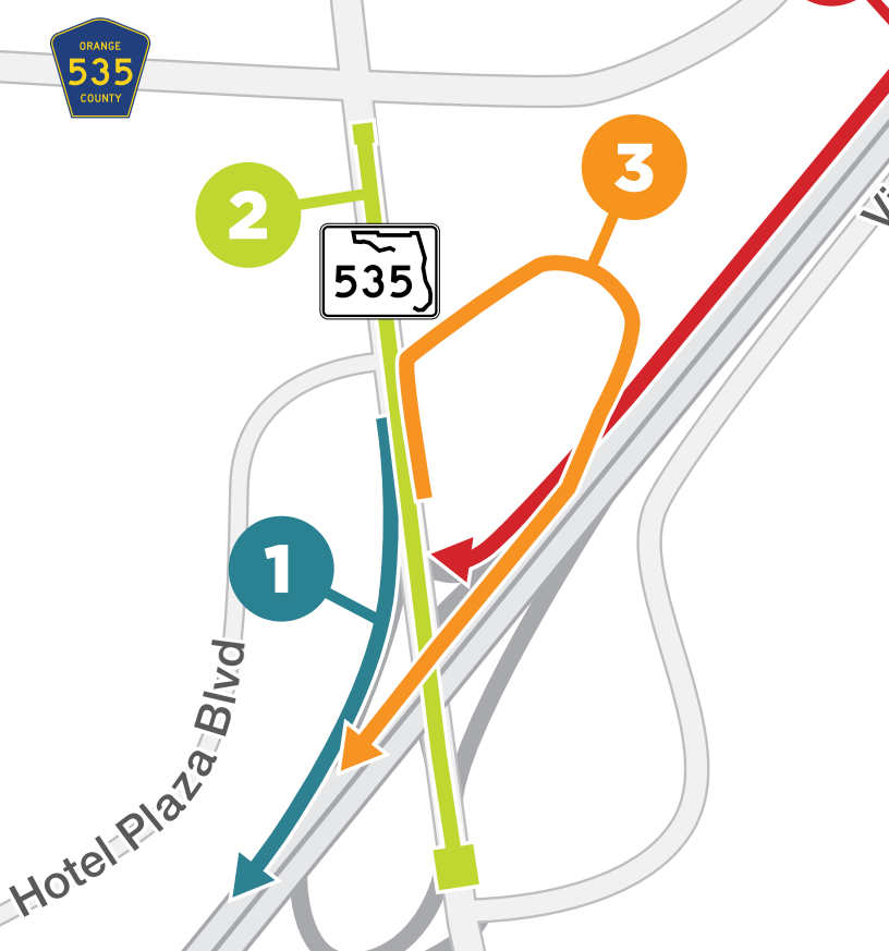 ScottGustin's tweet image. The Florida DOT canceled a plan to build a flyover ramp into Disney Springs from SR-535 near Hotel Plaza Blvd (near the demolished Crossroads plaza). The loop will now go in the opposite direction from SR-535 to westbound I-4. 

Old plan vs. new plan: