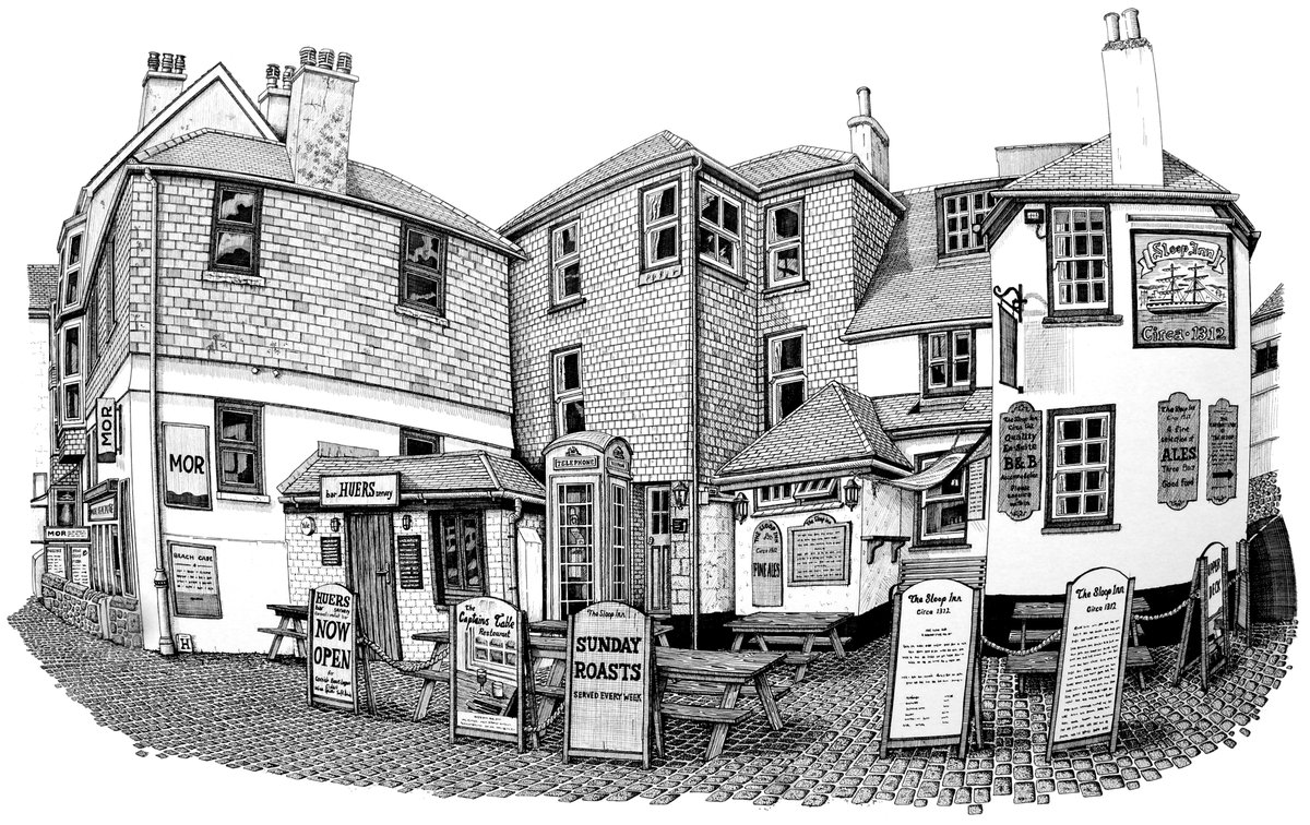 ahousephildrew's tweet photo. Slightly better photo of my sketch of the @sloop_inn St Ives, Cornwall #Cornwall #art #sloopstives #sketching #sketch #urbandrawing #urbansketchers #crosshatch #inkillustration #Micronpen #crosshatchingart #fineliner https://t.co/F5lMFh8Rux