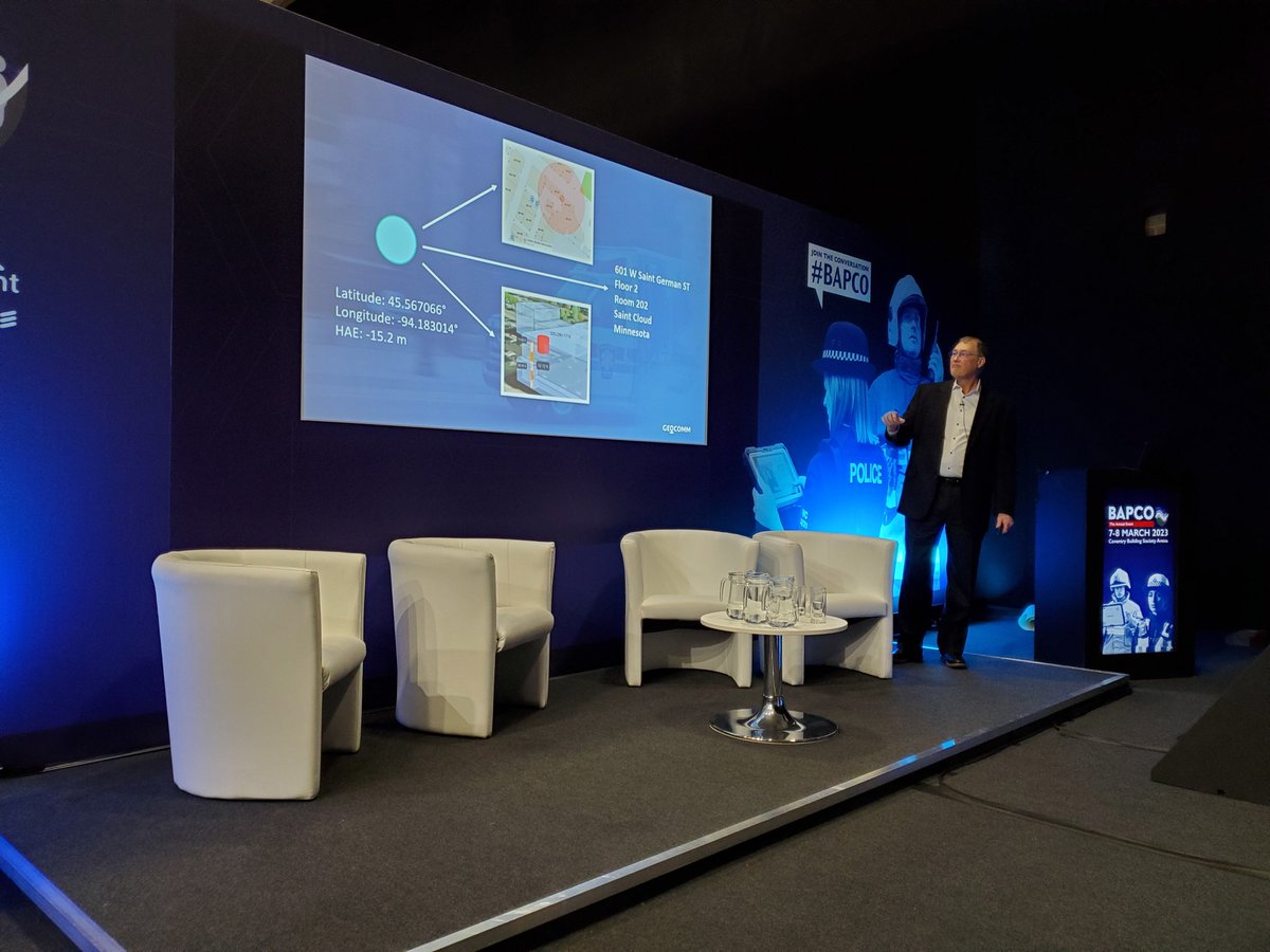 _GeoComm's tweet photo. John Brosowsky, GeoComm Vice President of Innovation, was at the @BritishAPCO (BAPCO) Annual Event March 7-8, 2023, with GeoComm partners, @RapidSOS and ELi Technology Inc.

#PublicSafetyLocationIntelligence #IndoorMaps #NG911GIS #PublicSafetyGIS https://t.co/BkVwko28G8