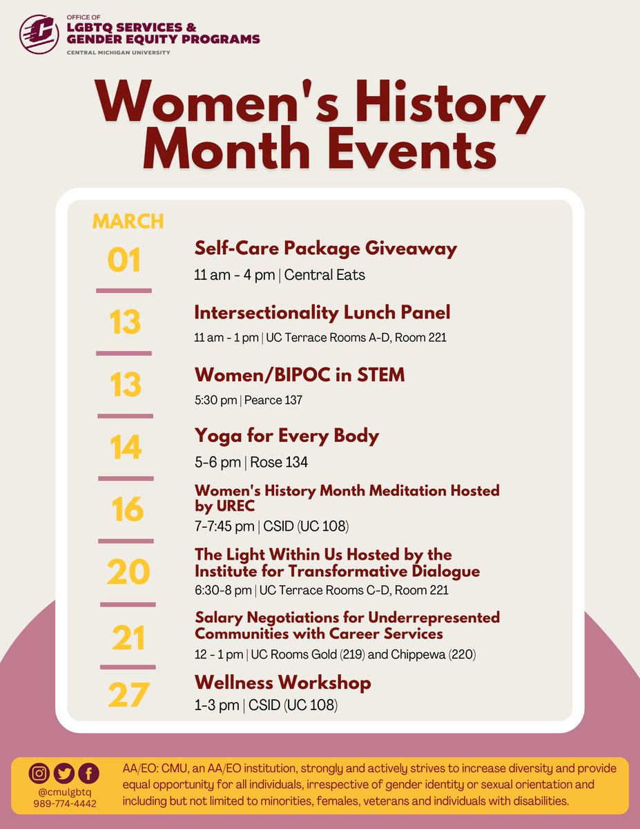 In recognition of Women's History Month, here is the slate of events for the campus community. All are welcome. Please join us! #CelebrateWomen