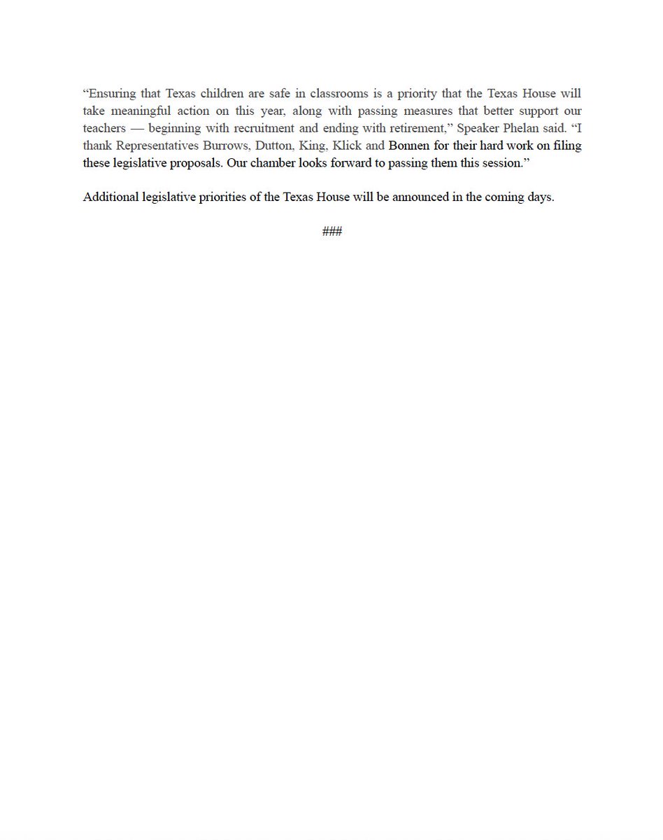 There is a lot of great work happening in the Texas House this session to improve school safety &amp; better support our teachers. I appreciate Reps. <a href="/Burrows4TX/">Dustin Burrows</a>, <a href="/RepHaroldDutton/">Harold V. Dutton, Jr.</a>, <a href="/KingForTexas/">Ken King</a> <a href="/StephanieKlick/">Stephanie Klick</a> &amp; <a href="/DrGregBonnen/">Dr. Greg Bonnen</a> for filing these important bills. #txlege