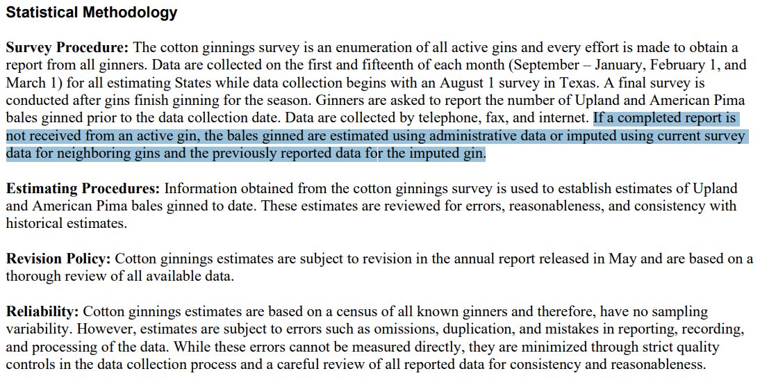 @gin_hale @CottonZapata @usda_nass doing the best they can with survey responses they get, but fact of the matter is we cannot even get district level estimates from them any more. If gins don't respond, they estimate.