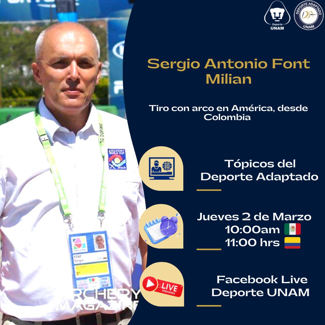 DAdaptadoUNAM's tweet photo. ⚠️👩🏻‍🦯👨🏻‍🦽 Tópicos del Deporte presenta: "Tiro con arco en America, desde Colombia"🎯

📆  Jueves 9 de Marzo 2023
⏰ 10:00 horas 🇲🇽 
      11:00 horas 🇨🇴

👉 Facebook Live de @deporteunam 

#UNAM #DeporteAdaptado #DeporteAdaptadoUNAM 
#OrgulloADAUNAM
#SoyDeporteUNAM https://t.co/V6WgXPy2Zx