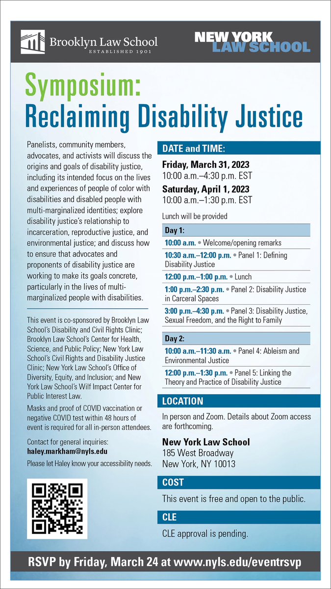 labelleverite's tweet photo. On 3/31 &amp; 4/1, my clinic, the Civil Rights &amp; Disability Justice Clinic @NYLawSchool and Brooklyn Law School’s @blsdcrc are collaborating to bring you the Reclaiming Disability Justice Symposium in person &amp; on Zoom. RSVP to attend https://t.co/Io5vg3AAfm https://t.co/LiujBiDer8