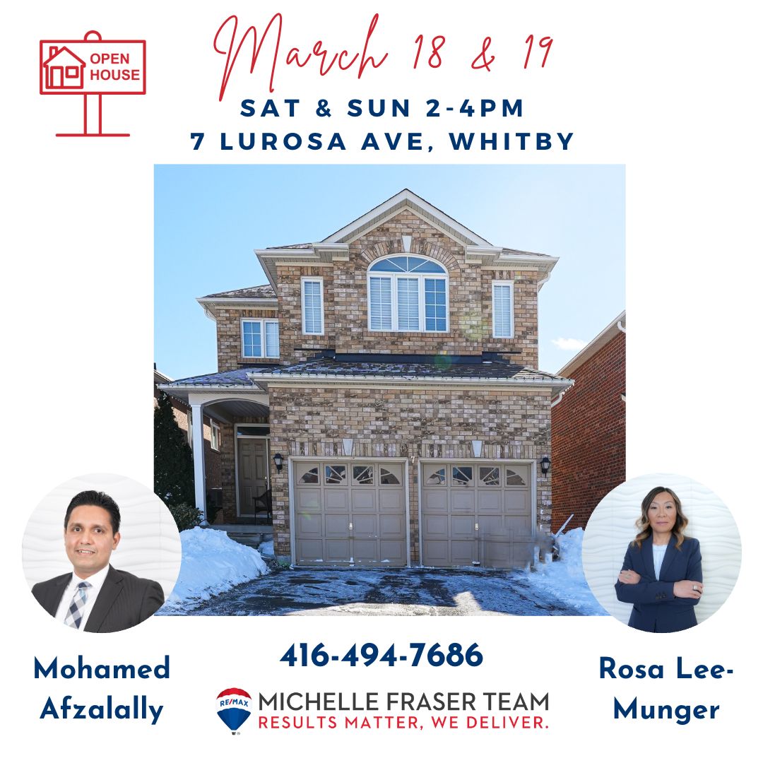 🏡 OPEN HOUSE ALERT 🏡

We are excited to invite you to our Open House at 7 Lurosa Crescent, Whitby! 🎉
This amazing home features:

The Michelle Fraser Team at 416-494-7686

#Whitby #OpenHouseAlert #WhitbyRealEstate #RemaxCanada #MichelleFraserTeam #DreamHome #FamilyHome