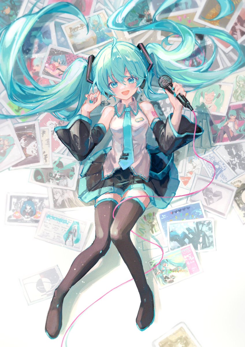 hatsune miku 1girl skirt twintails long hair solo thighhighs microphone  illustration images