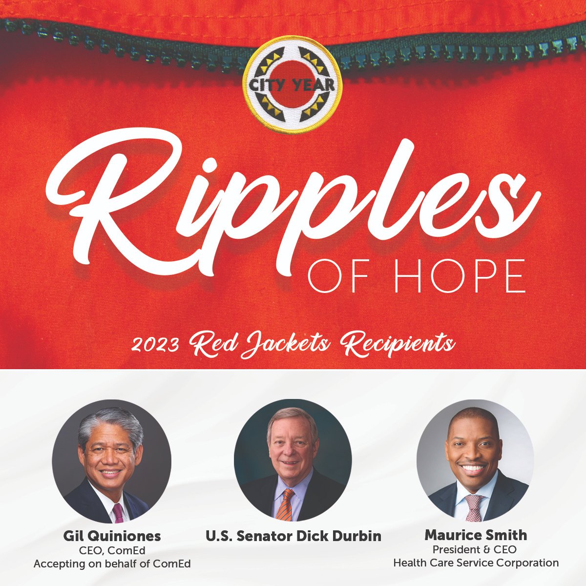 CityYearChicago's tweet photo. Ripples of Hope is just over a month away, and #CYCHI is pleased to announce the honorees; CEO Gil Quiniones, accepting on behalf of @ComEd, @SenatorDurbin, & @HCSC Pres./CEO Maurice Smith.
Don't miss out on a fantastic evening!
RSVP LINK IN BIO. https://t.co/mKNhsqQdfF