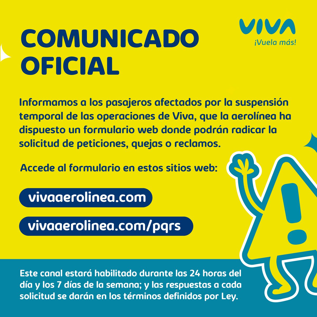 Informamos a los pasajeros afectados que hemos dispuesto de un formulario web donde podrán radicar la solicitud de peticiones, quejas o reclamos ✍🏼

Puedes encontrarlo en vivaaerolinea.com