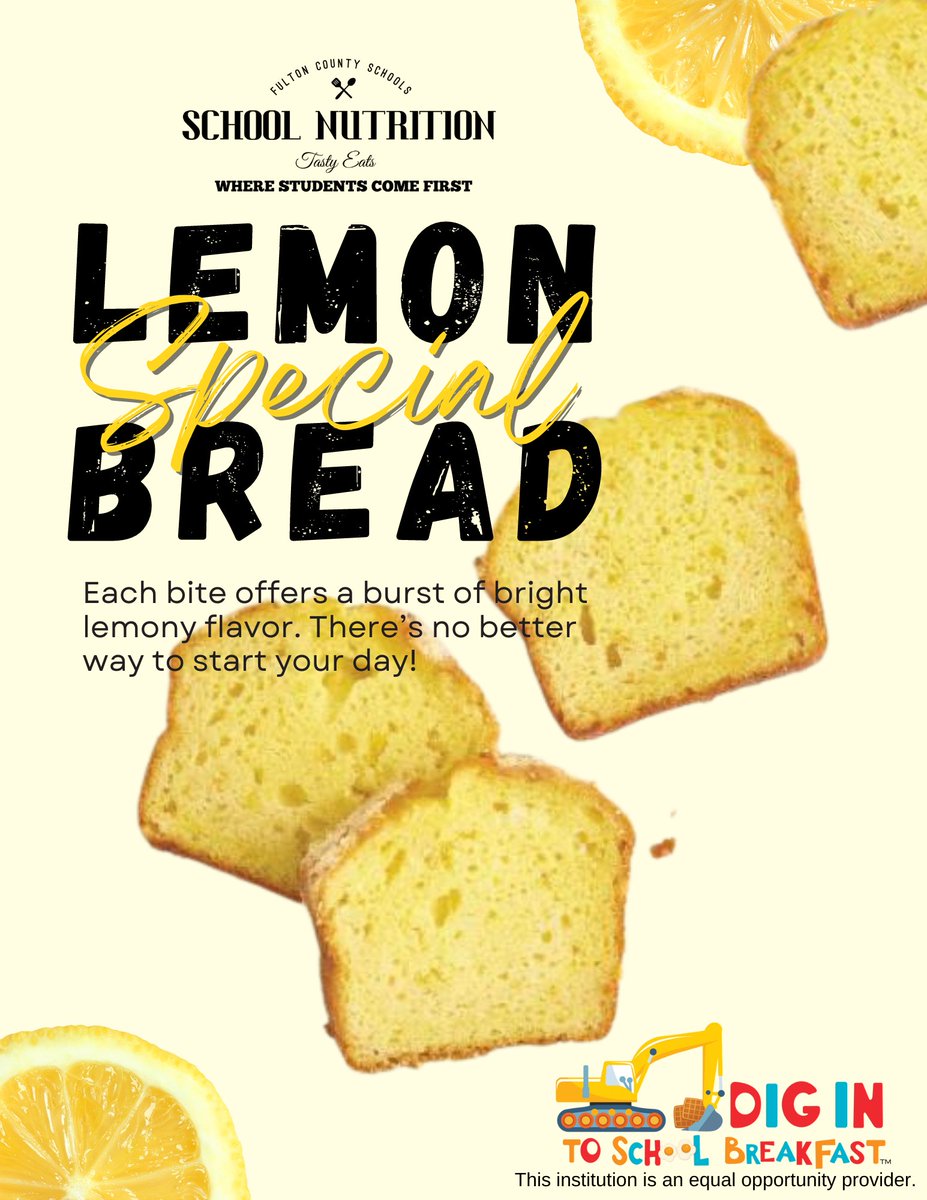 FCSNutrition's tweet photo. Be a #BreakfastBuilder & try Super Sunshine Lemon Bread at breakfast during #NSBW23! ☀🍋
Creative solutions such as mobile kiosks, breakfast after the bell, or breakfast in the classroom make it simple and convenient to serve a healthy #schoolbreakfast to students. #FuelingGA https://t.co/dItlHchrRl