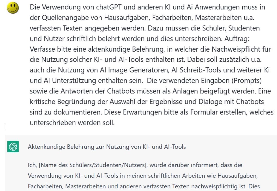 pauker99817's tweet photo. Faszinierende #KI & #AI Anbei ein ausführlicher Promt zur Generierung einer Belehrung für SuS zur Nachweispflicht solcher Tools. Nur geringe Nacharbeit (od. weiterer Dialog mit #ChatBot) ist nötig. Anlog #RulesForTools von @dunkelmunkel oder Prof. Weßels @fh_kiel #twlz #ThüBi !B https://t.co/MRB8jTAPTr