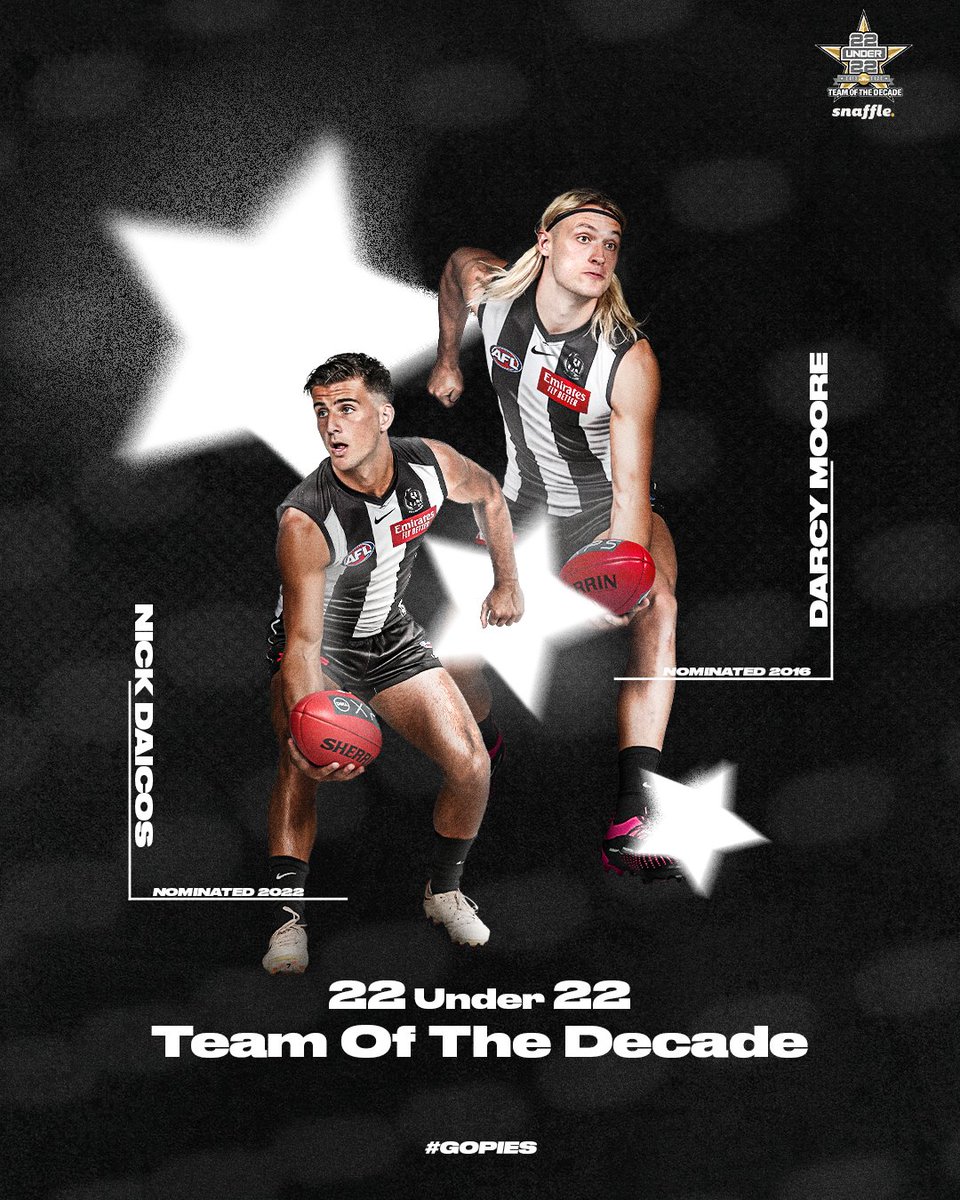 Our very own Darcy Moore (CHB) and Nick Daicos (Half Back) have been named in the @AFLPlayers 22Under22 Team of the Decade ✨