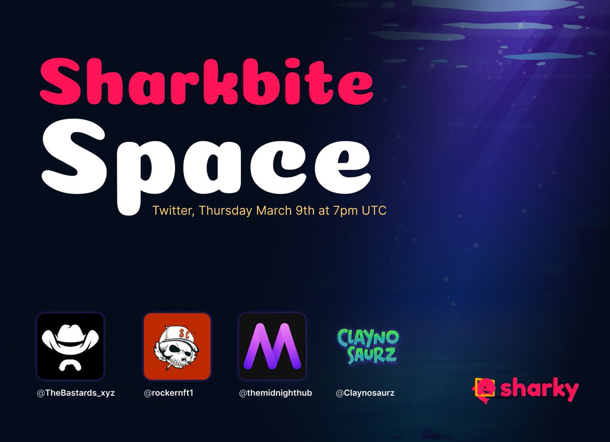 Ready for a deep dive🏄with builders in the 🐻 market. Tomorrow @ 7pm UTC

Guests:
<a href="/TheBastards_xyz/">The Bastards</a>
<a href="/rockernft1/">Sonic City Music</a>
<a href="/themidnighthub/">Midnight Hub</a>
<a href="/Claynosaurz/">Claynosaurz</a>

Hosts:
<a href="/neppahtitel/">neppah ti tel ♡</a>
<a href="/itsjshep/">Jshep 🐺</a>

Check out the new graphic we have for Sharkbite Spaces! Link to the space below 😎
x.com/i/spaces/1OdJr…