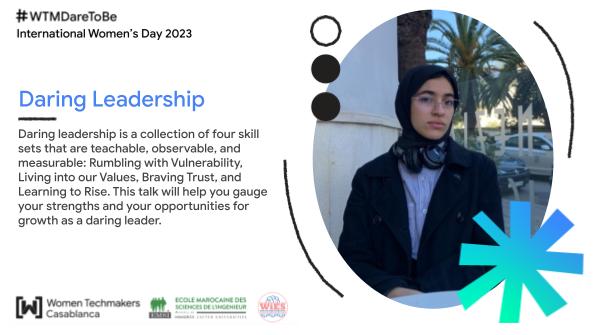 Be part of #IWD23 Casablanca with our speaker Afaf Ouardi, an Ambassador of GirlTechBoss, Womenpreneur, and founder of We STEM.

📅 March 11, 2023 at 1 pm 
📍 EMSI Moulay Youssef
RSVP : gdg.community.dev/e/mvgfb7/
#WTMDareToBe #IWD #IWD23 #WTM #WTMCasablanca #GDG #GDGCasablanca