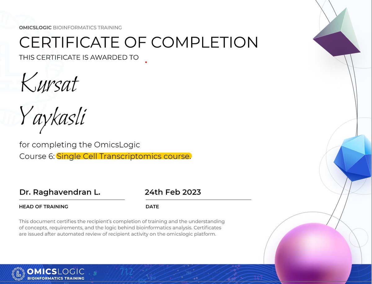 DrKursatYay's tweet image. I’m happy to share that I have completed the #SingleCellTranscriptomics course organized by #PineBiotech. #SingleCellTranscriptomics is one of my most fundamental approaches for #Bioinformatics #MultiOmics applications.