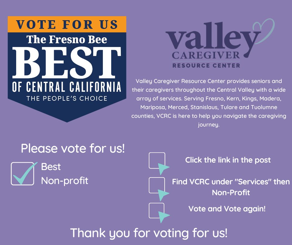 Valley Caregiver Resource Center needs your help! Vote VCRC as the Best Non-Profit in Central California! 

Vote, vote and vote again! Click the link below. 
votebocc.com

@CaregiverValley #bestofcalifornia #best2023 #familycaregivers