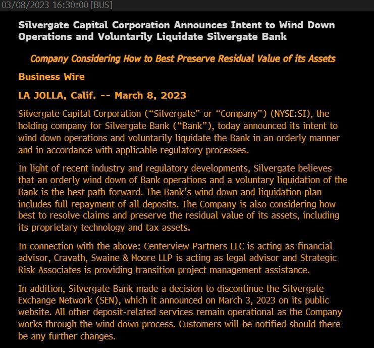 BREAKING: Silvergate Capital plant den Geschäftsbetrieb einzustellen und die Bank zu liquidieren. 😳