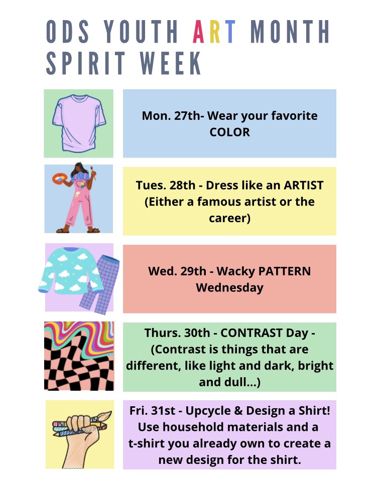 Looking forward to celebrating Youth Art Month! Get ready for a week fun of art clothes at the end of March. What a better way to end YAM?? 👕👚 Put it on your calendar! #vaartedYAM23