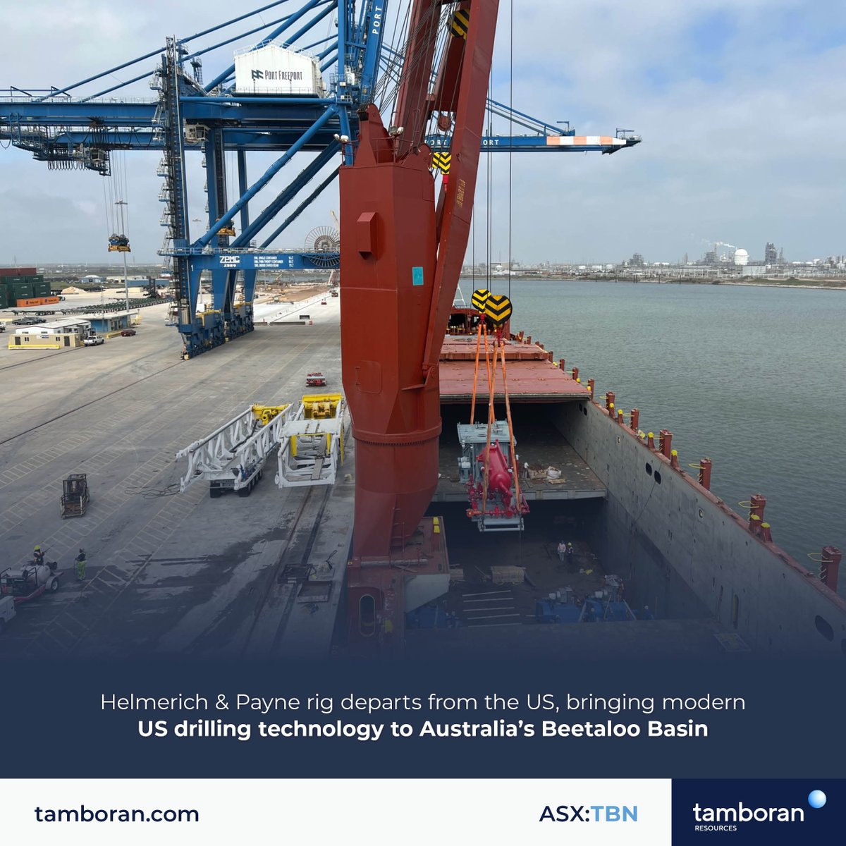 The <a href="/HelmerichPayne/">H&P</a> rig has departed from the US, bringing modern US drilling technology to the Beetaloo Basin.

$TBN.AX has contracted the rig for a minimum of two years &amp; will be used in #TBN’s proposed 2023 Beetaloo Basin #drilling program.

bit.ly/3ZO1DDi

#gas #ASX