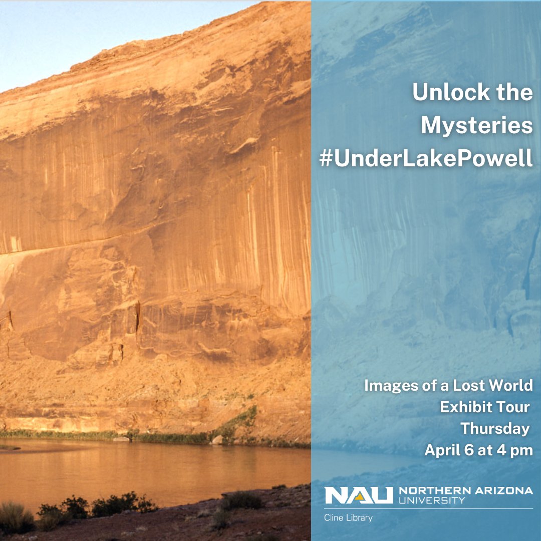 Join the curator 4/6 @ 4 for a tour of our exhibit focused on fabled Glen Canyon! 📷: "Tapestry Wall photographed from Warm Springs Creek, 1955". Or visit the virtual exhibit: nau.edu/special-collec…. #glencanyondam #nau #flagstaff #glencanyon #underlakepowell #clinelibrarysca