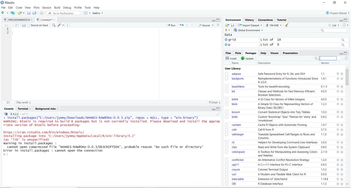 jaimeloga98's tweet photo. @KimberlyClev @NCICancerCtrl I tried to install it in R, but it does not work. Could you help me. The problem is:
Warning in install.packages :
cannot open compressed file 'NHANES-RAW80Hz-0.0.3/DESCRIPTION', probable reason 'No such file or directory'
Error in install.packages : cannot open the connection https://t.co/HfX5WJAnxQ