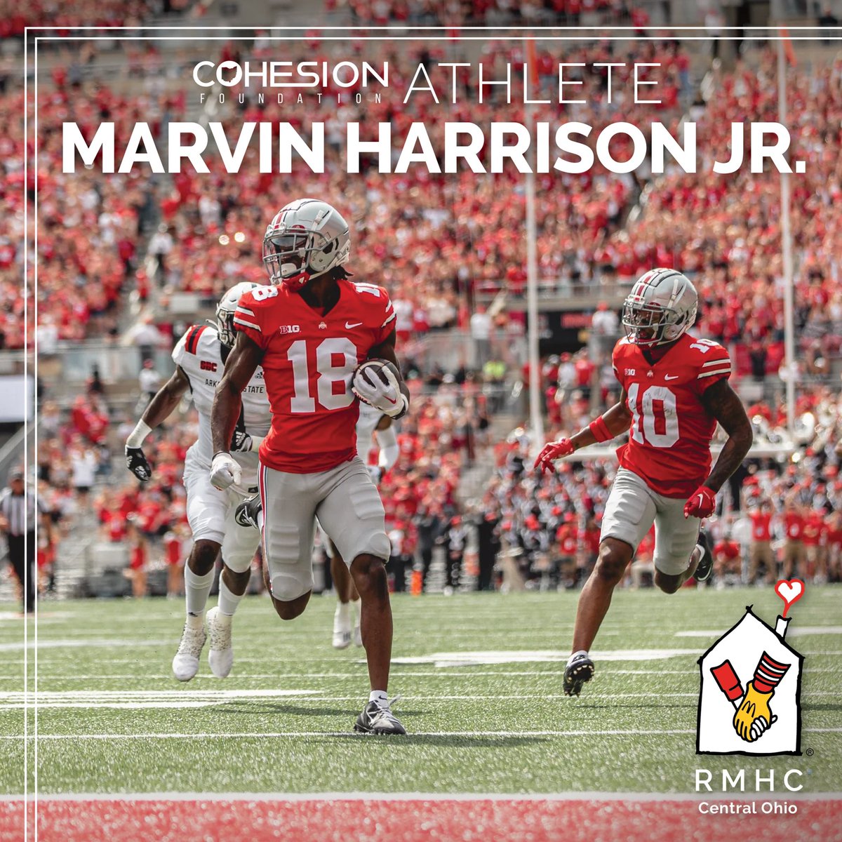 Exciting news! @cohesionohio Athlete @MarvHarrisonJr has joined forces with @RMHCofCentralOH to become an official teammate of the families at the House. Together, we'll work to raise awareness and support for the charity's mission of keeping families close. #cbusRMH #AllinOSU