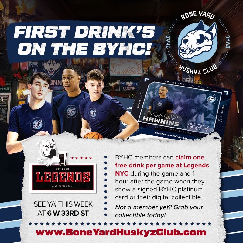 Bone Yard Huskyz Club (@boneyardhuskyz) on Twitter photo Support your favorite <a href="/UConnMBB/">UConn Men's Basketball</a> players AND get free drinks 💰🥃
Come to Legends NYC post game all week to celebrate the wins in style just steps from MSG!
✅ Majority of $$ goes directly to players 💰
✅ Grab a free drink to celebrate all 3 wins this week 🥃
#BleedBlue Support your favorite <a href="/UConnMBB/">UConn Men's Basketball</a> players AND get free drinks 💰🥃
Come to Legends NYC post game all week to celebrate the wins in style just steps from MSG!
✅ Majority of $$ goes directly to players 💰
✅ Grab a free drink to celebrate all 3 wins this week 🥃
#BleedBlue