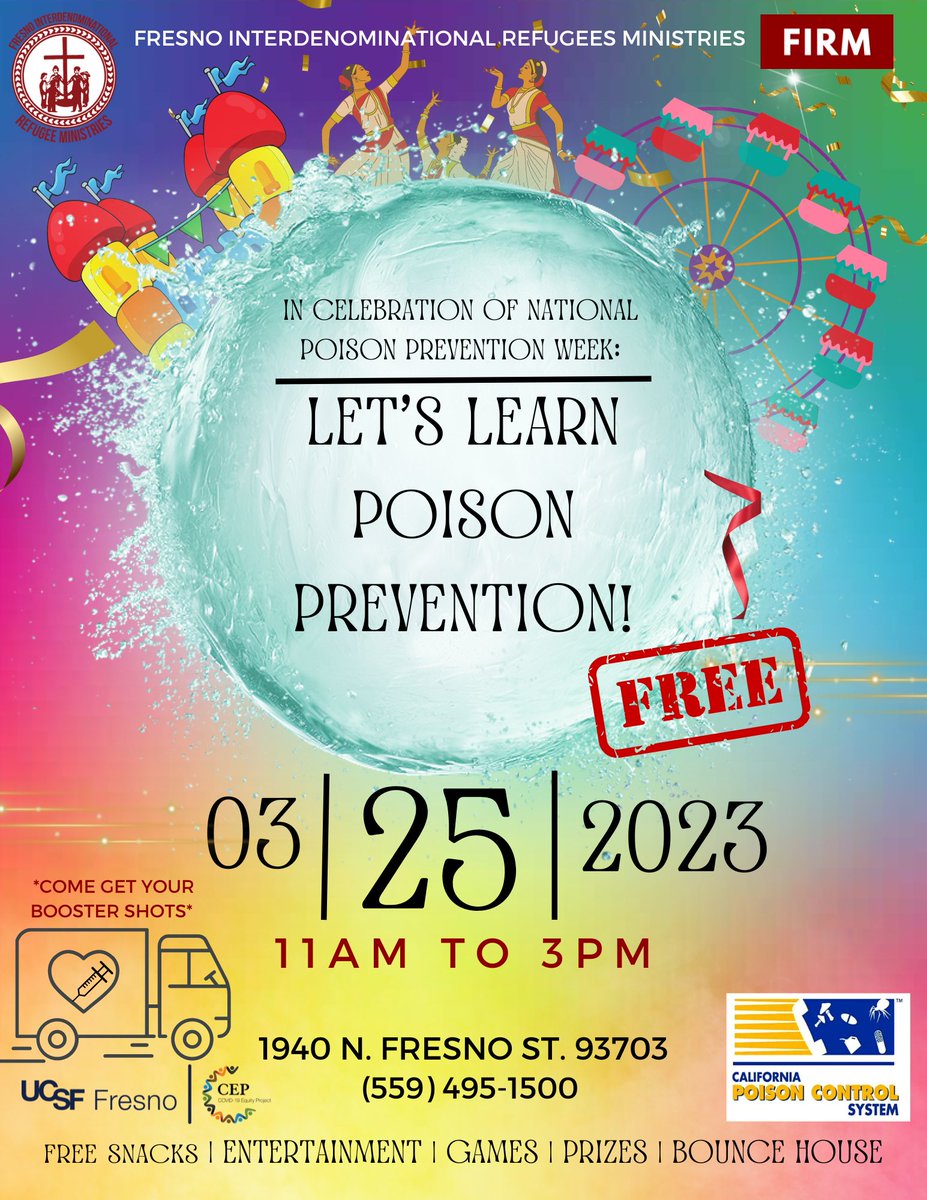 Are you ready to celebrate National Poison Prevention Week with us?! This year's NPPW will be from Mar.19-Mar.25
Let's Learn Poison Prevention Event:
Free pizza and drinks!
Bounce House!
Entertainments!
Covid-19 Booster shots!
Come join us on this day!