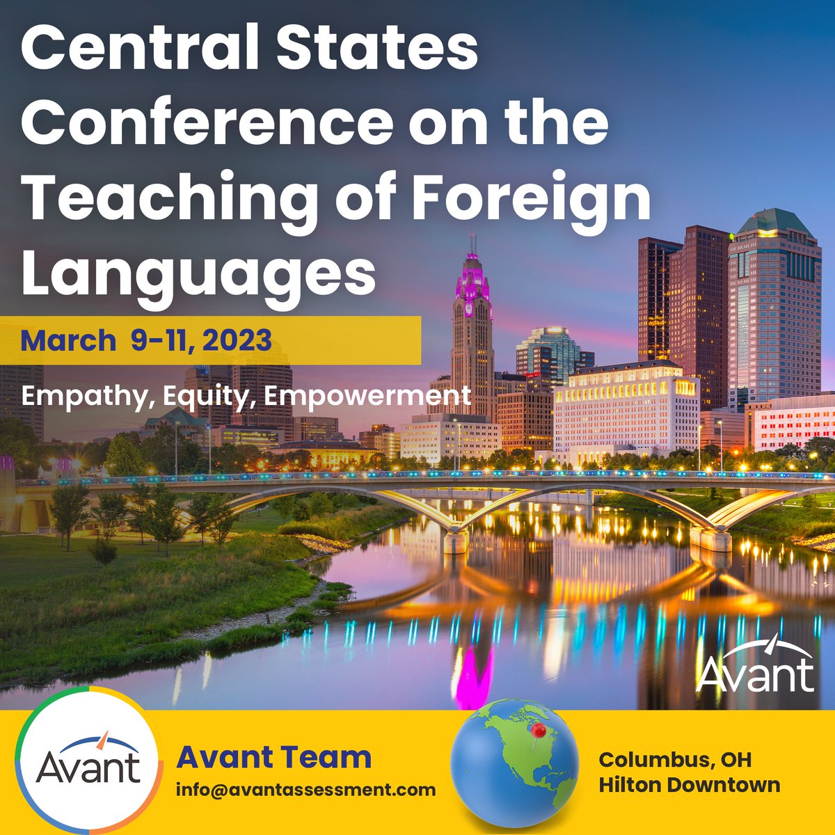 AvantAssessment's tweet photo. The Avant Team is en route to Columbus, OH for #CSCTFL! Stop by and visit Roger Burt, Bonnie Peterson, and Andres Bernal at booth #400. You also don't want to miss Roger and Bonnie's session on "Maximizing Your Seal of Biliteracy Potential" Saturday at 12:15. #CSCTFL2023 #Lang https://t.co/Vtp6UU2ZOl