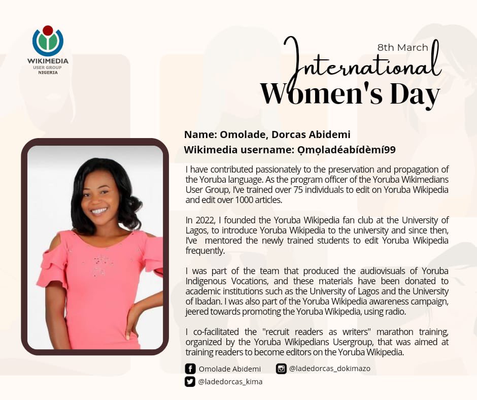 WikimediaNG's tweet photo. On the occasion of the international women’s day, we celebrate @ladedorcas from @Wikimediayo for all her contributions to the @Wikimedia project.

This is part of the series in celebrating #IWD2023 by showcasing 10 outstanding female Wikimedia Nigerian contributors. 🥳 https://t.co/as2tuyDWyY
