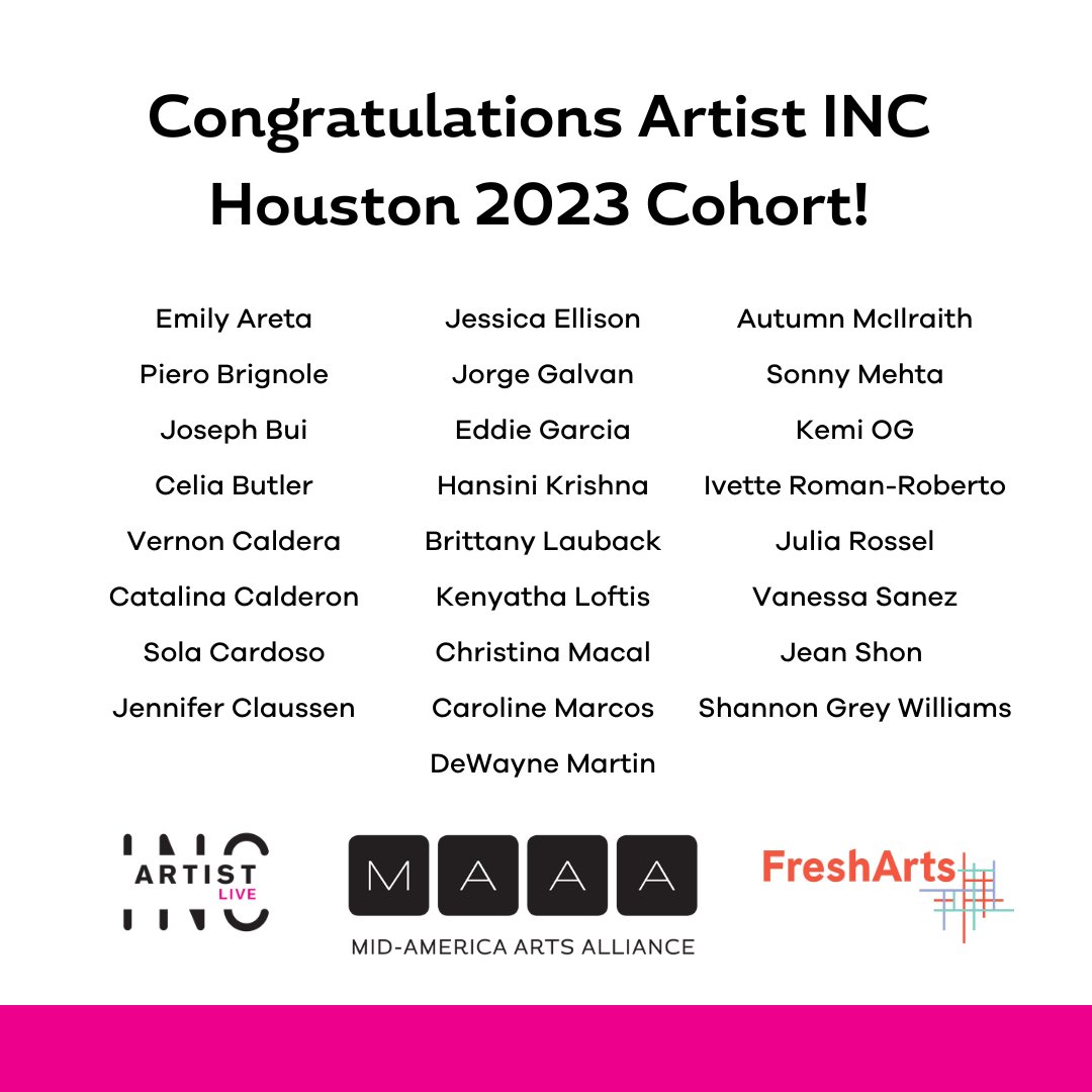 freshartsorg's tweet photo. Fresh Arts and @KCMAAA are pleased to announce the 6th cohort of Artist INC Houston!Β
Thank you to our sponsors: @artistinckc @SeshCoworking @FrostBank
#FreshArtsOrg #PoweredByFreshArts #ArtistINC #ArtistINCHouston #ProfessionalDevelopment #HouArts
π: https://t.co/S9wYkP5c1z https://t.co/cyULUXWKlk