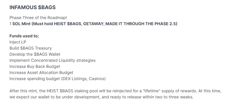 $BAGS 💼 (@bags_inu) on Twitter photo 🔥PHASE 3🔥
FINAL PHASE
UNLOCKS THE LIFETIME STAKING POOL FOR THE HEIST $BAGS
COMPLETES THE LORE
SOCIAL MEDIA PLATFORM RELEASED
WALLET RELEASED A FEW WEEKS AFTER CLOSE OF PHASE 3
<a href="/hey_wallet/">Hey Wallet!</a> send 333333 $chili to the first 150 retweets 🔥PHASE 3🔥
FINAL PHASE
UNLOCKS THE LIFETIME STAKING POOL FOR THE HEIST $BAGS
COMPLETES THE LORE
SOCIAL MEDIA PLATFORM RELEASED
WALLET RELEASED A FEW WEEKS AFTER CLOSE OF PHASE 3
<a href="/hey_wallet/">Hey Wallet!</a> send 333333 $chili to the first 150 retweets