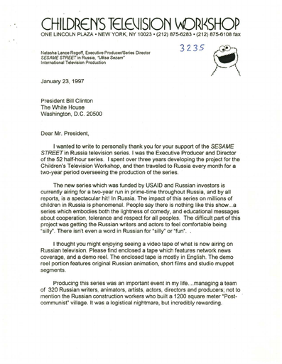 WJCLibrary42's tweet photo. DYK that Russia had its own Sesame Street? Ulitsa Sezam, aired from Oct 1996-2010, with puppets Zeliboba, Businka , &amp; Kubik. It's content was Russian with original stories.

The executive producer wrote to President Clinton to thank him for his support of the show.  

#30Moments https://t.co/e7blXEOzjX