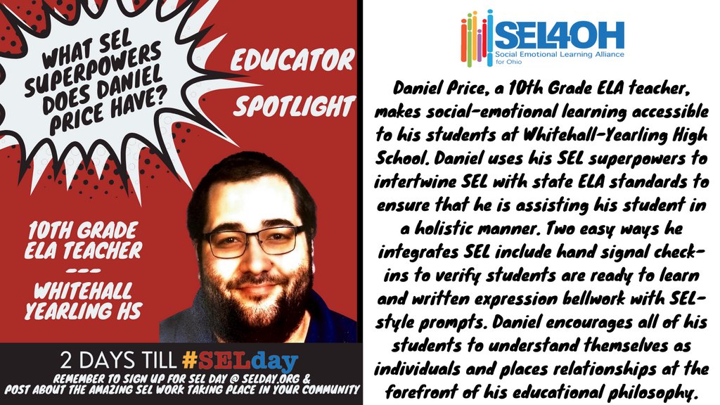 Sel4Oh's tweet photo. What SEL superpowers does Daniel Price, high school ELA teacher, have?
@WhitehallRAMS #SEL4US #SEL4OH #SELday #SELday2023 #LeadWithSEL #SELSuperpowers #WhitehallProud #RamsWay https://t.co/KvYU1bhlgT
