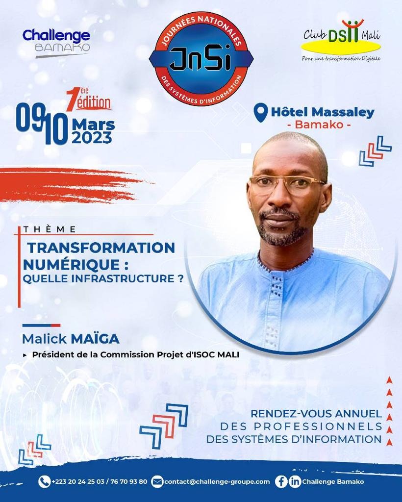 isocml's tweet image. Ce 10/03/2023, le Pdt de la commission Projet d'@isocml, M. @MalickMAIGA4 animéra un panel lors des JOURNÉES NATIONALES DES #SYSTEMES D’#INFORMATION, sur le thème: «TRANSFORMATION NUMÉRIQUE : QUELLE INFRASTRUCTURE ?». 
@VictorNdonnang @jane_coffin @kbakary @haroldadjaho @jdogniez