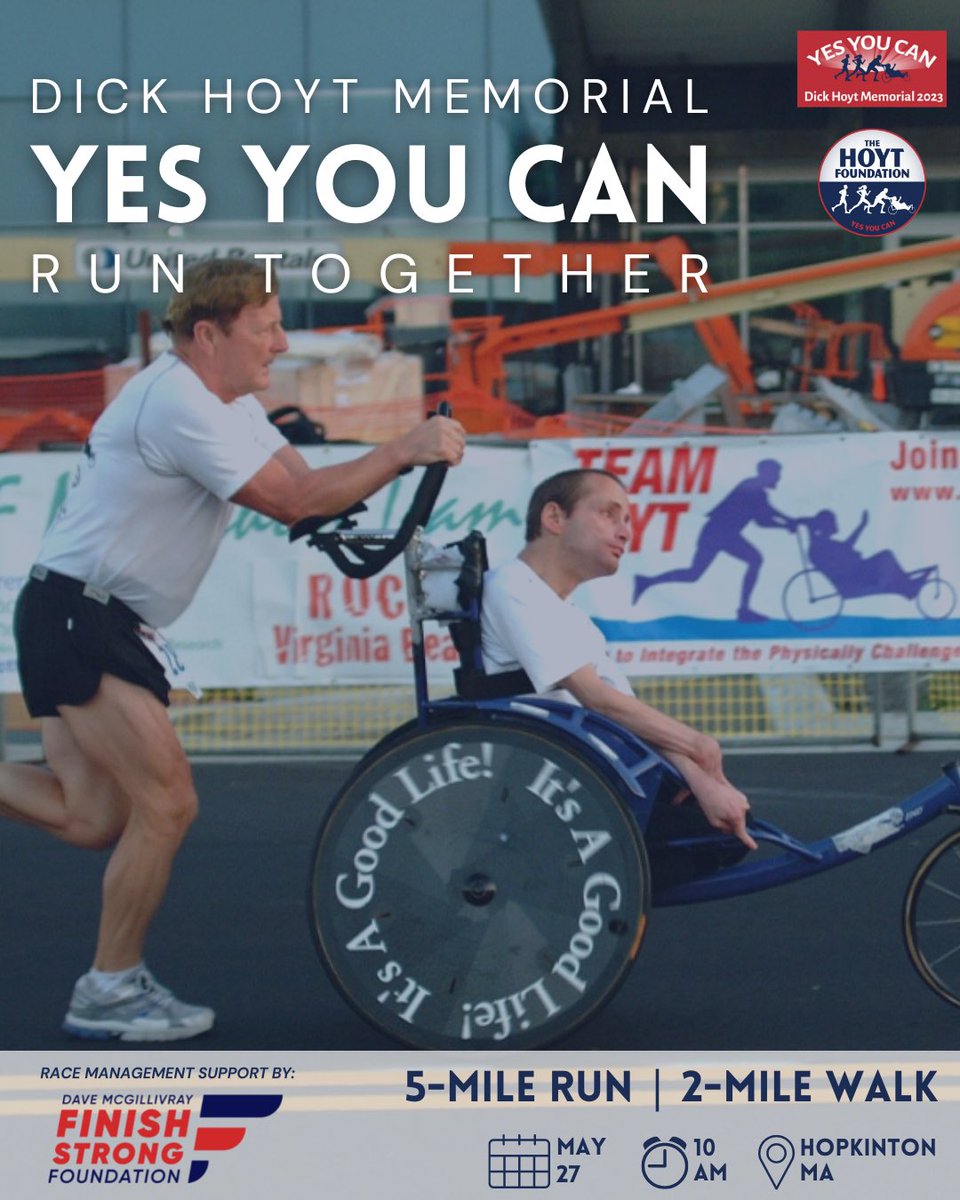 🚨NEW EVENT!🚨 Join Team Hoyt this spring in the Dick Hoyt Memorial Yes You Can Run Together! Run the 5-mile race to honor the first race Dick Hoyt ever ran with his son Rick, or join the 2-mile walk. First 500 to sign up receive a race t-shirt! Link in bio for more info.