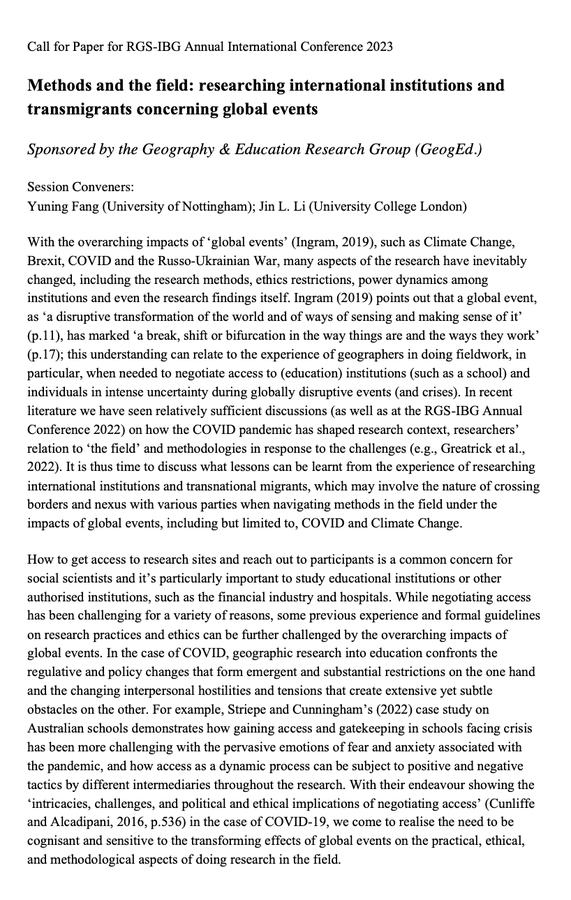 LiiiLori's tweet photo. #RGSIBG2023 Urgent CfP: Methods and the field: researching international institutions and transmigrants concerning global events. Please submit your abstract if you are studying international institutions, ISM or transnational migration. Let's discuss methods and ethics! @RGS_IBG https://t.co/C4U905Pb7N