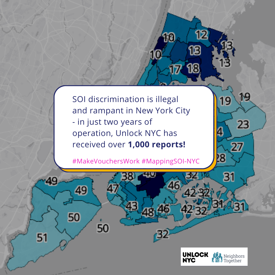 Unlock NYC and <a href="/neighborstogthr/">Neighbors Together</a> are excited to announce the launch of the Mapping Source of Income (SOI) Discrimination tool, which visualizes over 1,500 SOI discrimination reports crowdsourced since January 2018.