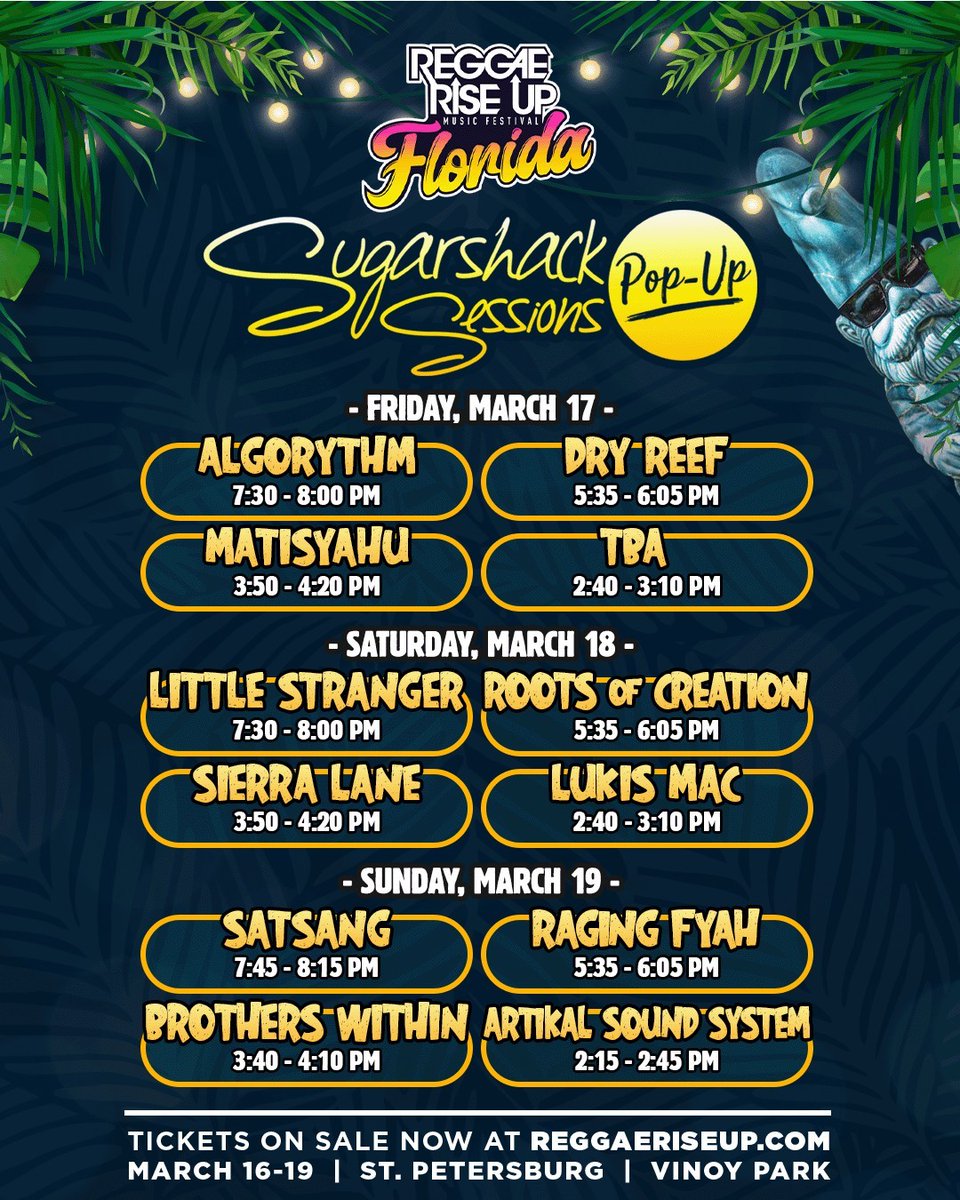 Here's where you can catch us <a href="/ReggaeRiseUp/">Reggae Rise Up</a> Friday at 1:30 on the Vibe Stage AND an acoustic 5:35 set at the <a href="/SugarshackLive/">Sugarshack Music Channel</a> stage!