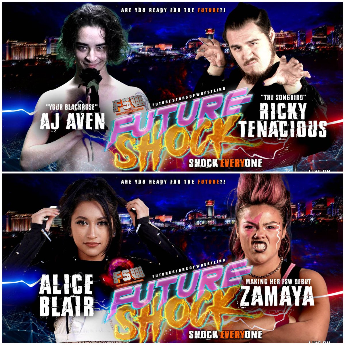 FSWVegas's tweet image. This Friday on the @fswnet! 

𝙁𝙚𝙖𝙩𝙪𝙧𝙞𝙣𝙜
-@mattvanda209 v @johnnieRobbiee 
-Fatal Four Way
-#LightsCameraFaction v #HighJack 
-@thezamaya v @TheAliceBlair 
-@sawwwwwngbird v AJ Aven

🎟️ fswvegas.com